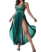 Women's Deep V Sexy Lace Mesh Front Slit Long Nightdress