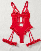 Sxy Lace Mesh Backless Ruffled Decoration Hollow Ring Buckle One-Piece Pajamas