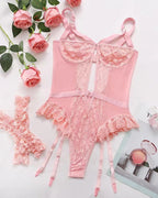 Sxy Lace Mesh Backless Ruffled Decoration Hollow Ring Buckle One-Piece Pajamas