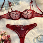 Flower Embroidered Bow Strap Lingerie Set
