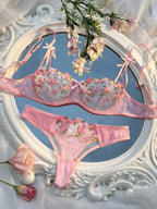 Flower Embroidered Bow Strap Lingerie Set