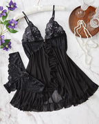 Women's Lace Sexy Ruffle Suspender Nightdress and Panty Set