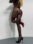 Lace Bodystocking Bodysuit Leopard Pattern Black Catsuit Dancewear Rave Photoshoot Outfit Adult One Piece
