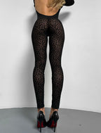 Bodystocking Bodysuit Catsuit Black Jumpsuit Leopard Mesh Rave Black Dancewear Pole Dance Heels Wear