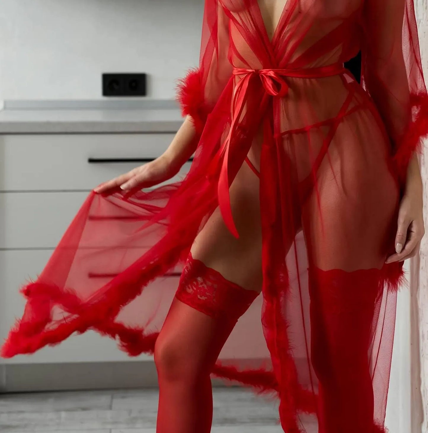 Black Sheer Robe with Feather Trim | Luxury Women's Nightwear
