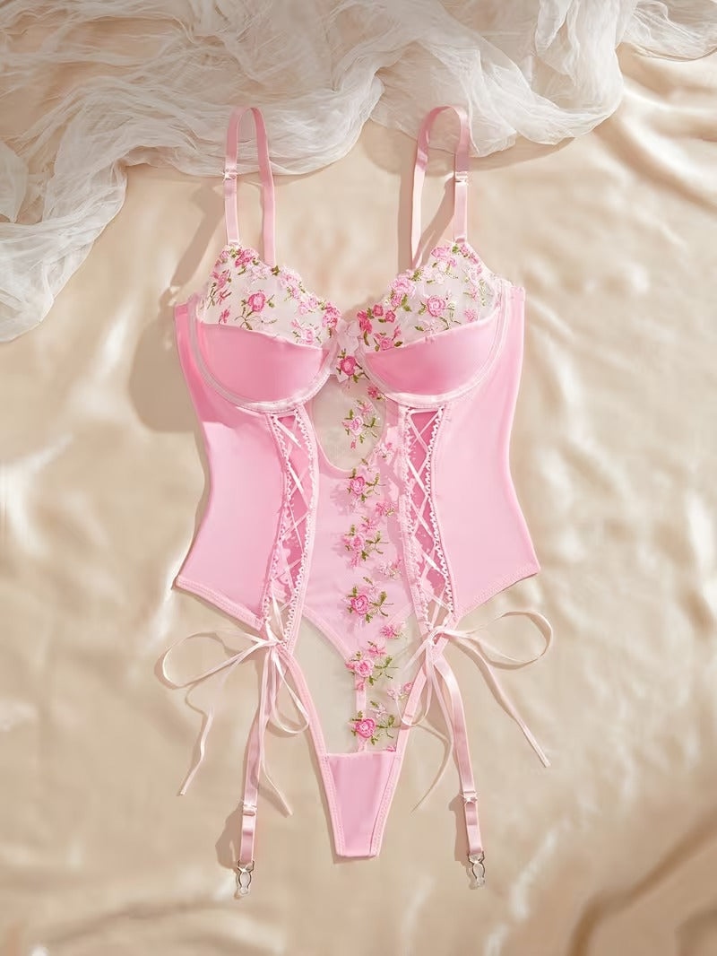 Women's Embroidered Patchwork Garter Lingerie Set