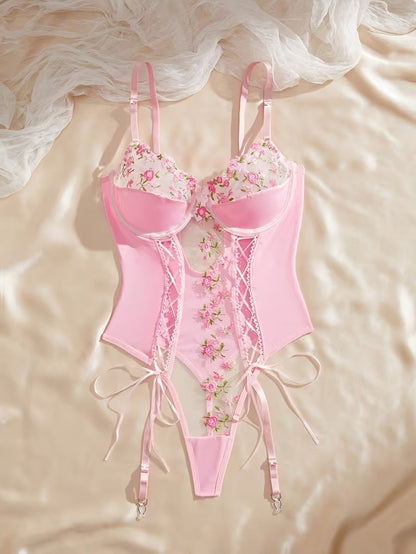 Women's Embroidered Patchwork Garter Lingerie Set