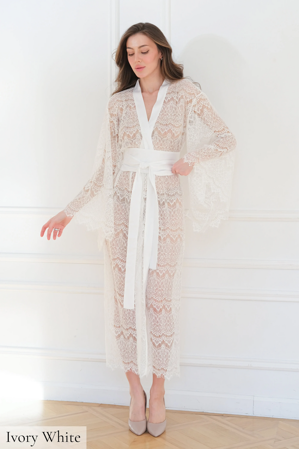 Sheer Robe Lace Robe Long Silk Robes for Women Satin Kimono
