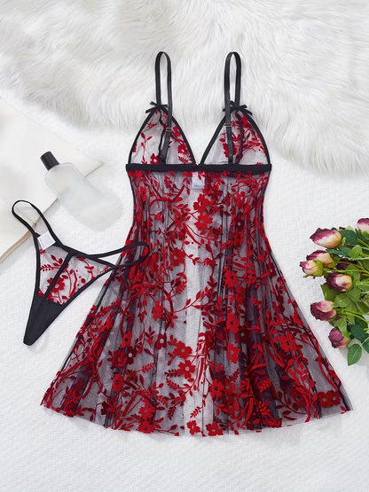Women's Sexy Floral Mesh Front-Button Lingerie Nightgown Set –