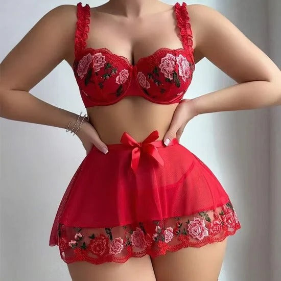 RoseBloom Embroidered Lace Babydoll Set