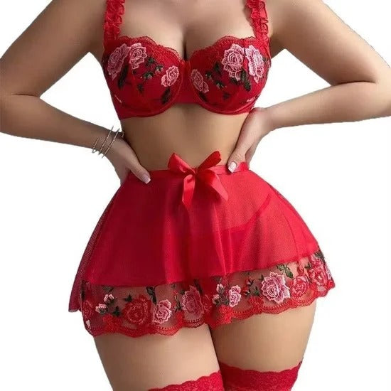 RoseBloom Embroidered Lace Babydoll Set