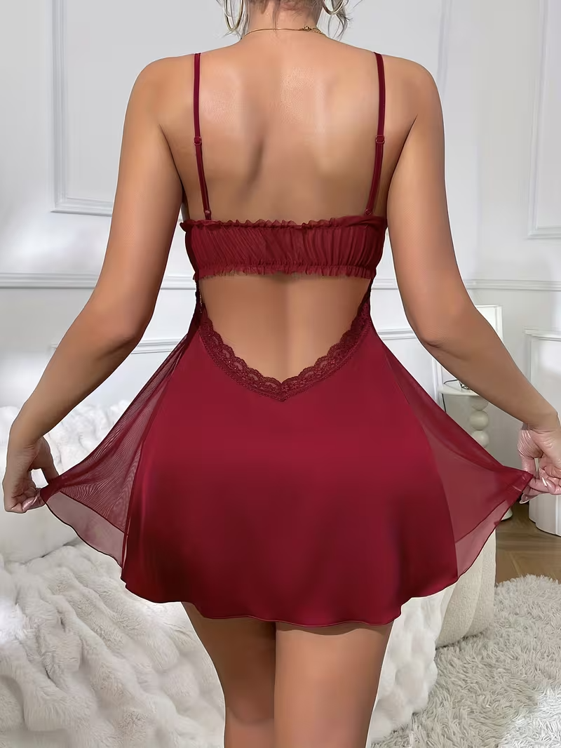 Lace-Trimmed Satin Backless Nightgown with Built-In Bra Pad