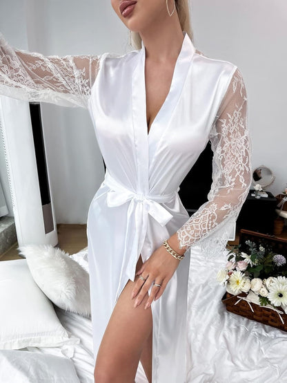 Sexy Satin Lace Belted Sleep Robe