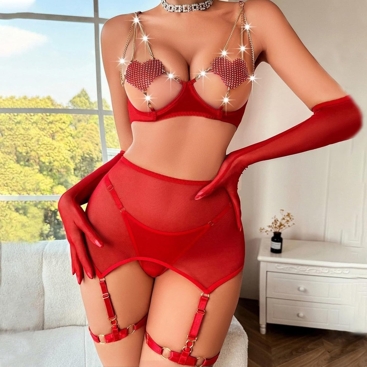 Sexy Rhinestone Heart Mesh Lingerie Set