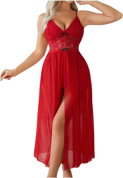 Sexy Lace V-Neck Mesh Split Nightgown