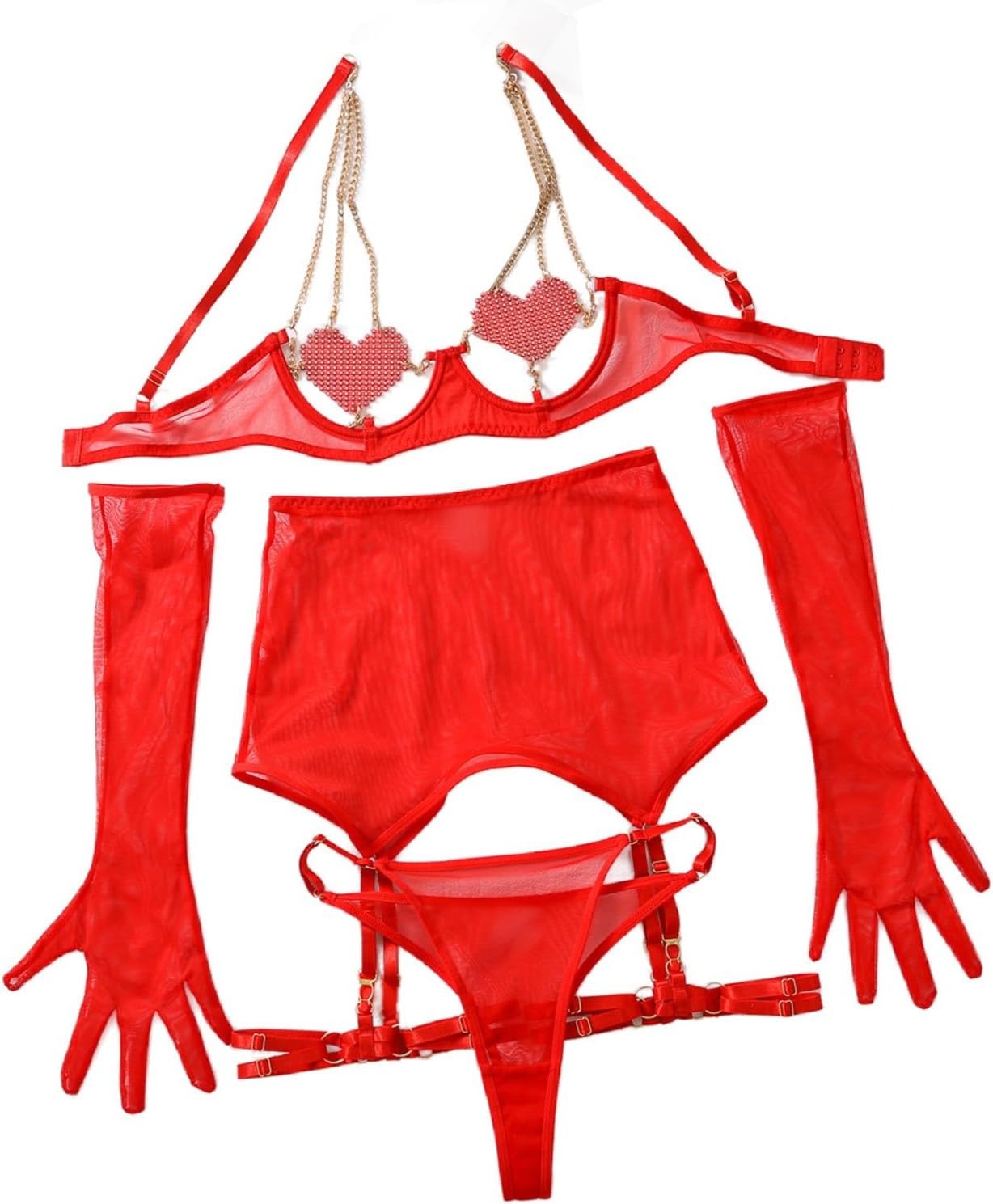 Sexy Rhinestone Heart Mesh Lingerie Set
