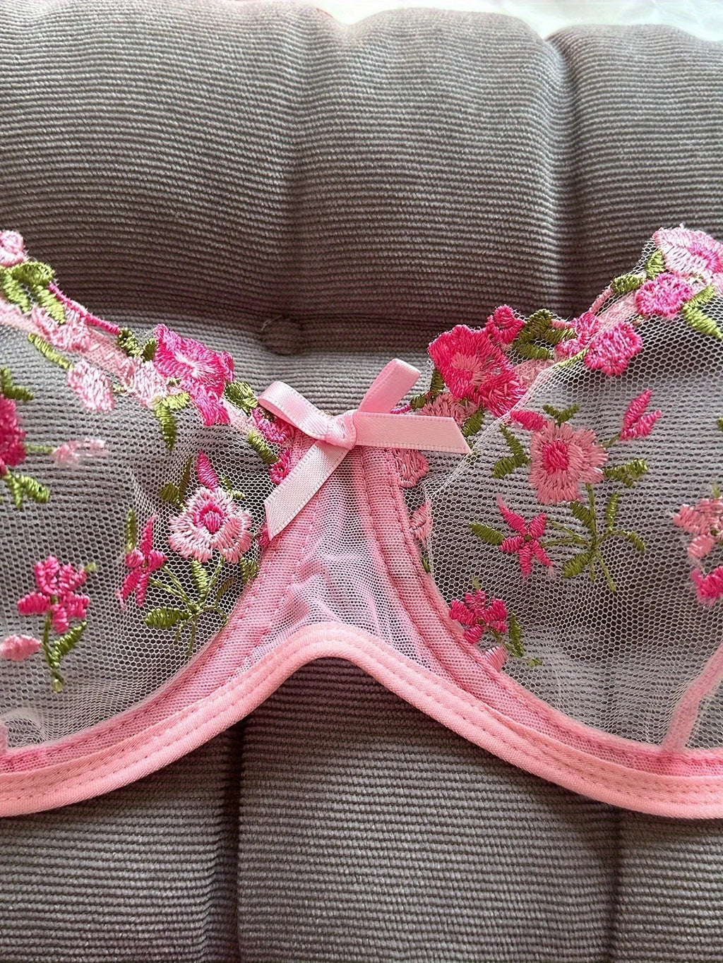 Flower Embroidered Bow Strap Lingerie Set