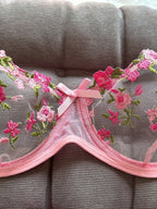 Flower Embroidered Bow Strap Lingerie Set