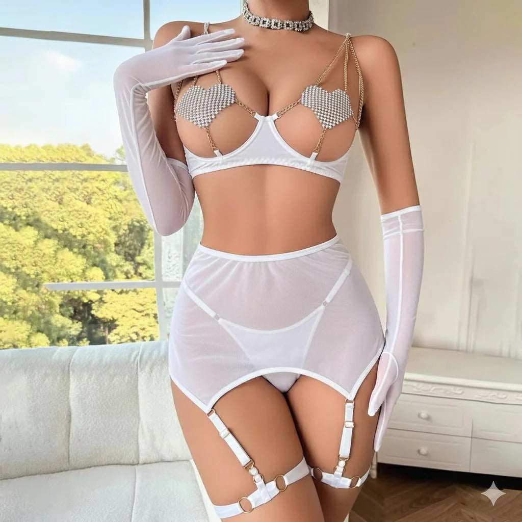 Sexy Rhinestone Heart Mesh Lingerie Set
