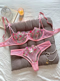 Flower Embroidered Bow Strap Lingerie Set
