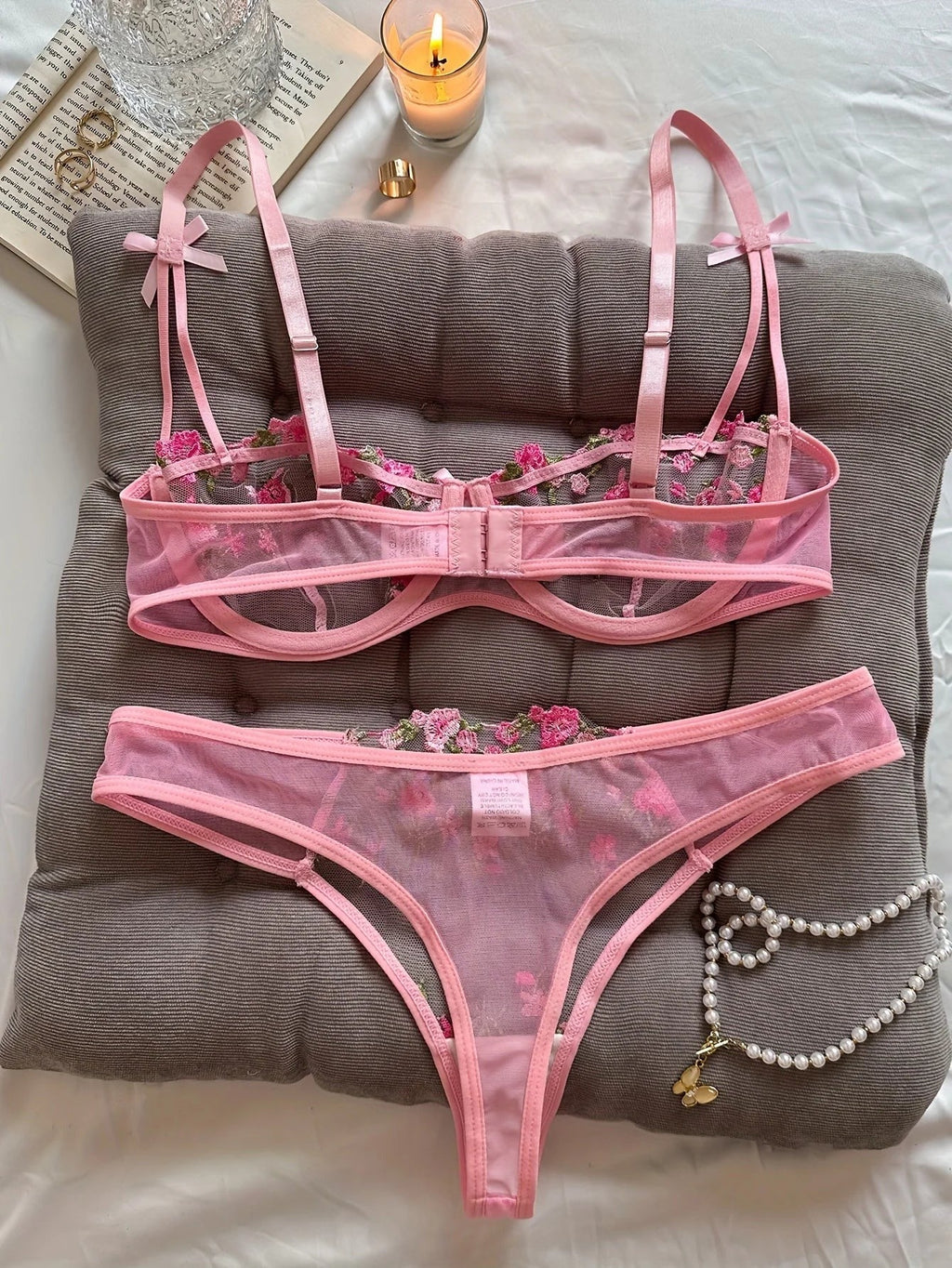 Flower Embroidered Bow Strap Lingerie Set