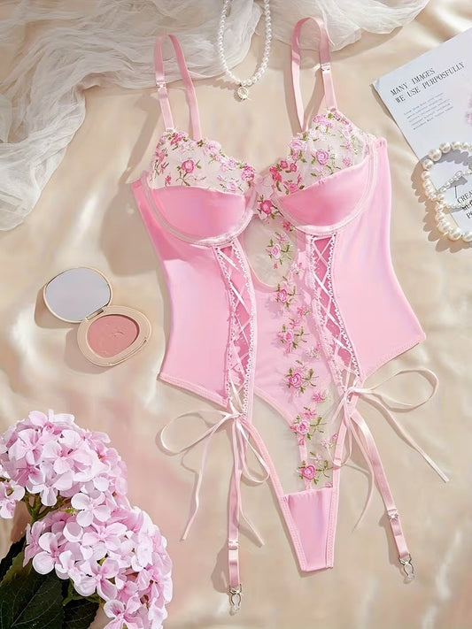 Women's Embroidered Patchwork Garter Lingerie Set