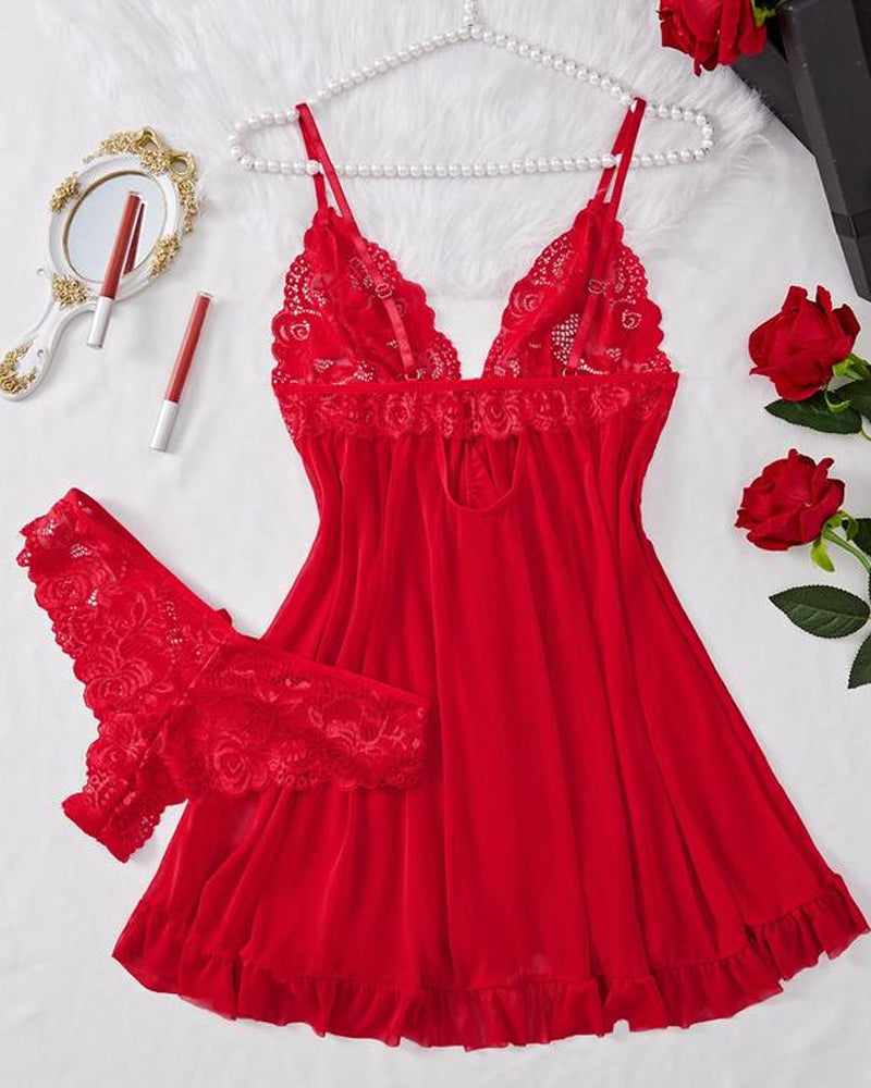 Women's Lace Sexy Ruffle Suspender Nightdress and Panty Set